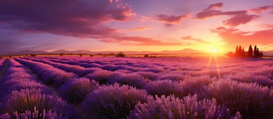 Poster - Lavender field under sunset sky with sun setting in background