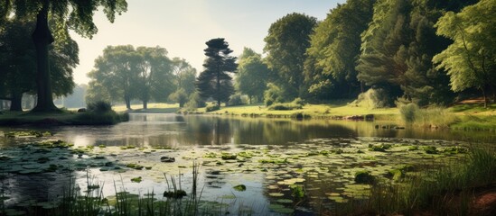 Canvas Print - Bench by serene pond in lush park