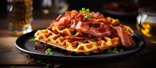 A Plate Of Syrup-drenched Waffles With Crispy Bacon