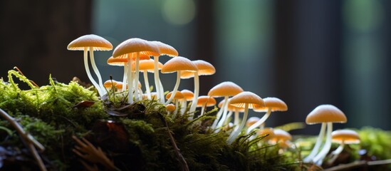 Poster - Mushrooms growing on a mossy log in the woods