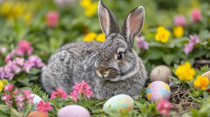 Wall Mural - Rabbit sits in the grass with Easter eggs.