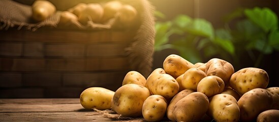 Canvas Print - Fresh potatoes in basket on table with harvest basket in background