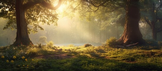 Sticker - Sunlight filtering through trees in a forest