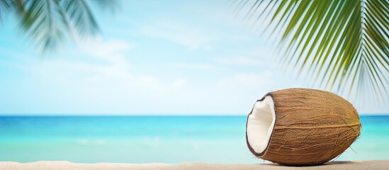 Sticker - Coconut on the beach with palm tree and blue sky