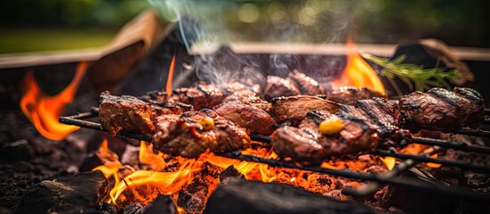 Canvas Print - A grill with a variety of meat and vegetables being cooked