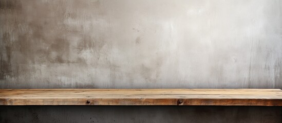 Poster - A rectangular hardwood table with wood stain sits on a plywood flooring in front of a concrete wall, creating a contrast of materials