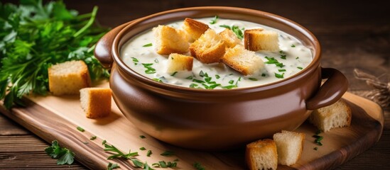 Poster - A bowl of soup with parsley and bread