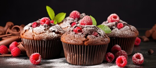 Poster - Chocolate muffins with raspberries and powdered sugar on a table