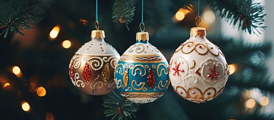 Sticker - Three Christmas ornaments adorn a festive tree, showcasing creative arts and patterns. Each ornament is a unique fashion accessory and souvenir of the event