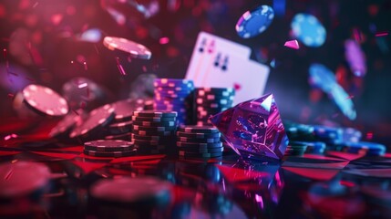 3d rendering of playing cards, chips and diamonds in casino background