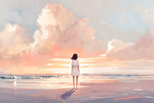 Woman Stand On Sun Beach And Looking At Summer Sea Landscape. Travel To Sea. Elegant Young Girl Wearing Dress, Back View. Illustration In Pastel Colors, Handmade Oil Painting Style