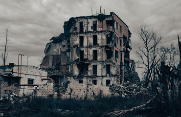 destroyed and burned houses in the city Russia Ukraine war