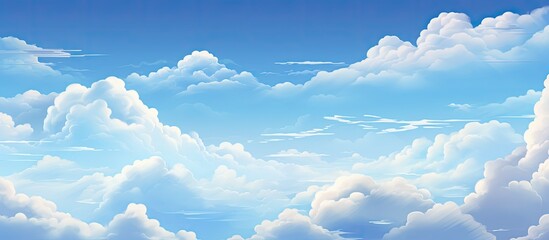 Wall Mural - a whimsical illustration of a plane flying in a sky filled with cartoon fluffy clouds