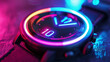 Close-up of a modern wristwatch with glowing neon lights, highlighting the dial and hands against a dark background, demonstrating advanced technology and timekeeping precision.