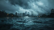 Urban landscape under a heavy rainstorm with dark clouds overhead, city skyline shrouded in mist and rain, viewed from the water level creating a dramatic and moody atmosphere.