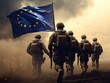 Diverse group of military soldiers holding the flag of the european union