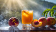  peach fruit with peach juice in the fog on a hot sunny day