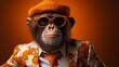 a cute flirting monkey character in a fashionable suit and shaded glasses, ready for the diskotek, open hawiian shirt, year 1970 Fashion, mandarin colored background