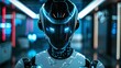 an intelligent robot in a security helmet performs surveillance duties in a brightly lit office with a blurred backdrop