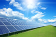 Solar farm on bright sky background. Green Energy concept.