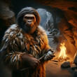 Ein Urzeitmensch in einer Höhle mit Feuer
