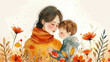 Watercolor illustration of Mom gently hugging son, concept Happy Mother's Day, flowers background, greeting card