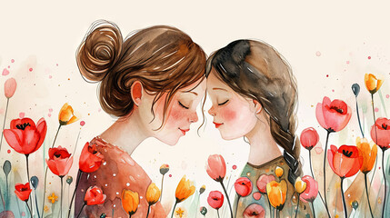 Wall Mural - Watercolor illustration of Mom with daughter, concept Happy Mother's Day