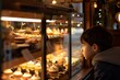 kid peering into a brightly lit dessert display in a welcoming cafe