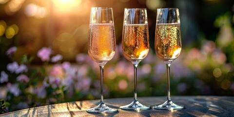 Wall Mural - A festive celebration with rows of crystal champagne glasses, illuminated by sunlight.