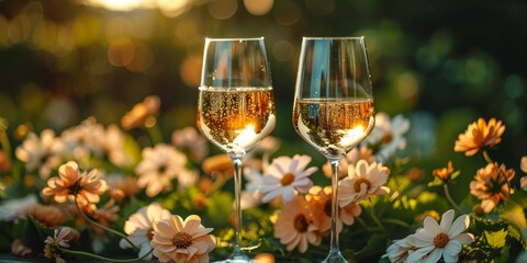 In a festive meadow, two wine glasses sparkle with champagne, celebrating romance.