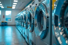 Laundromat With Rows Of Modern Washing Machines Ready For Use By Customers. Concept Commercial Photography, Modern Appliances, Laundromat Interior, Customer Experience, Public Facilities