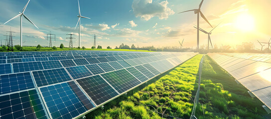 A solar panel farm stands in an open field with wind turbines in the background, symbolizing the advancement of green energy and sustainable development. Beautiful green energy landscape.