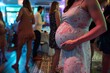pregnant guest at a party standing awkwardly, seeking back pain relief