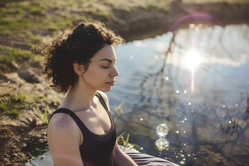 Poster - yoga practitioner sitting contemplatively with closed eyes, water beside