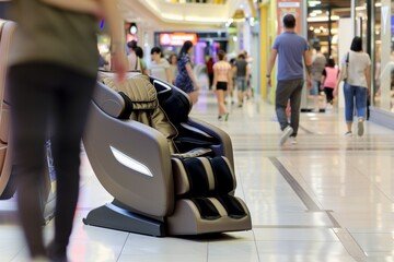 Canvas Print - massage chair in a mall with people walking by