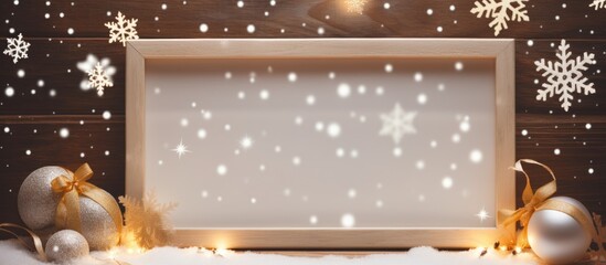 Sticker - A wooden rectangle frame is displayed on a hardwood table, adorned with Christmas decorations, snowflakes, and surrounded by a transparent glass. The room is filled with festive event decorations