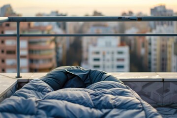 Sticker - sleeping bag on a balcony with urban background