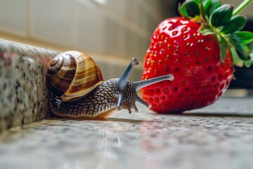 closeup of a snail stretching towards a strawberry on a kitchen counter