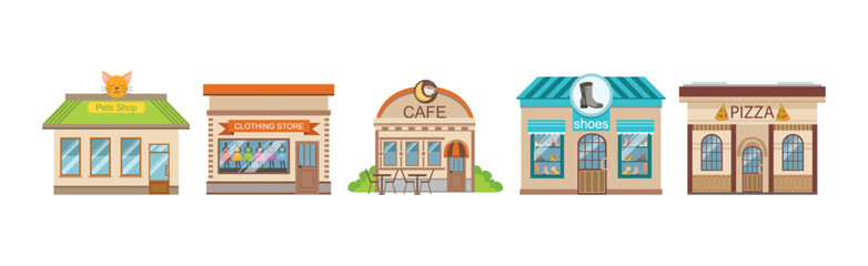 Poster - Shops Building Front and Exterior on City Street Vector Set