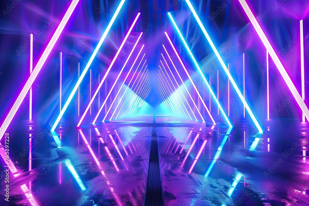 Blue and ultraviolet neon laser lines with reflection. Abstract ...