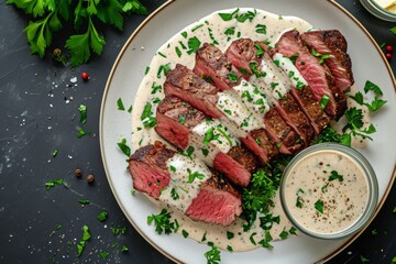 Wall Mural - Roasted beef fillet with Gorgonzola sauce, beef fillets, ground nutmeg, flour, milk, diced Gorgonzola, chopped flat-leaf parsley, butter, served in plate