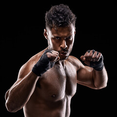 Wall Mural - Boxing, fitness and portrait of man with hands for sport, exercise and workout isolated in black background. Male person, athlete and boxer in studio backdrop for wellness, training and health