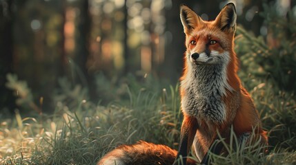 Wall Mural - serene portrait of a red fox sitting quietly on the forest floor surrounded by vibrant grass