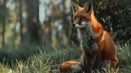 Wall Mural - wild and free a red fox is captured sitting on forest grass in this stunning closeup image