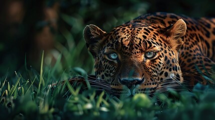 Wall Mural - the tranquil face of a wild male leopard resting on grass in a forest depicted in a breathtaking clo