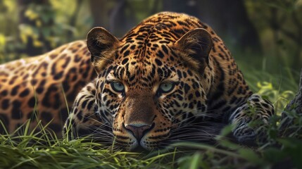Wall Mural - wildlife in detail a male leopards face rests against the grassy backdrop of its forest habitat