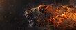A roaring Lion Fantasy banner featuring Ashes, Embers, and Flames on a Black Canvas. Fantasy Wildlife as a Poignant Representation of Climate Change, copy space for text