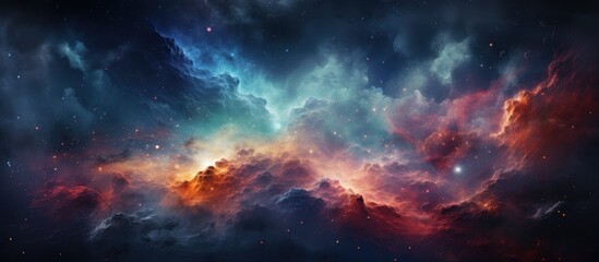 Poster - An exquisite painting depicting a vibrant nebula in space, showcasing a colorful and atmospheric natural landscape reminiscent of a celestial cloud formation