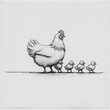 A Drawing of a Mother Hen and Chicks Stroll - Hand-Drawn Farm Life Sketch
