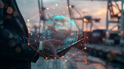 Photo close up of businessman hands holding pad with abstract digital logistics delivery and transportation hologram with globe and network on blurry dock background double exposure. Generative Ai